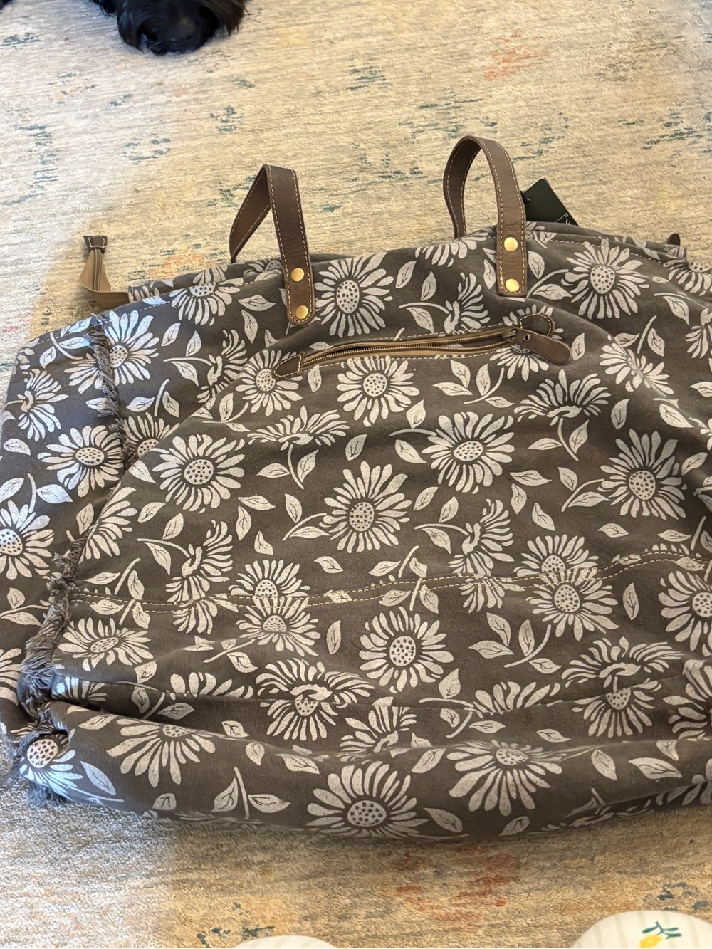 Myra Bag Brown Canvas Tote with White Floral Print